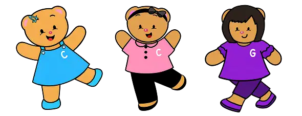 Creative Play Corner bear mascots of Teachers Celine, Cecille, and Gina