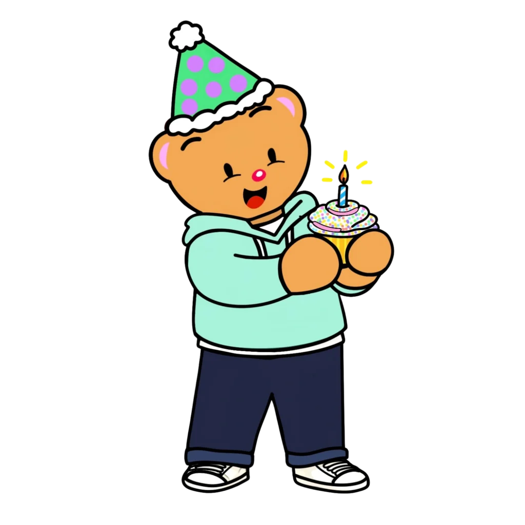 Creative Play Corner bear mascot dressed as a birthday boy