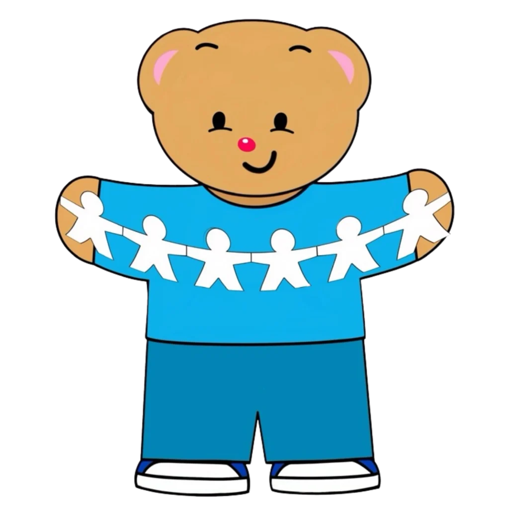 Creative Play Corner bear mascot in a blue shirt holding a paper chain of people, representing community