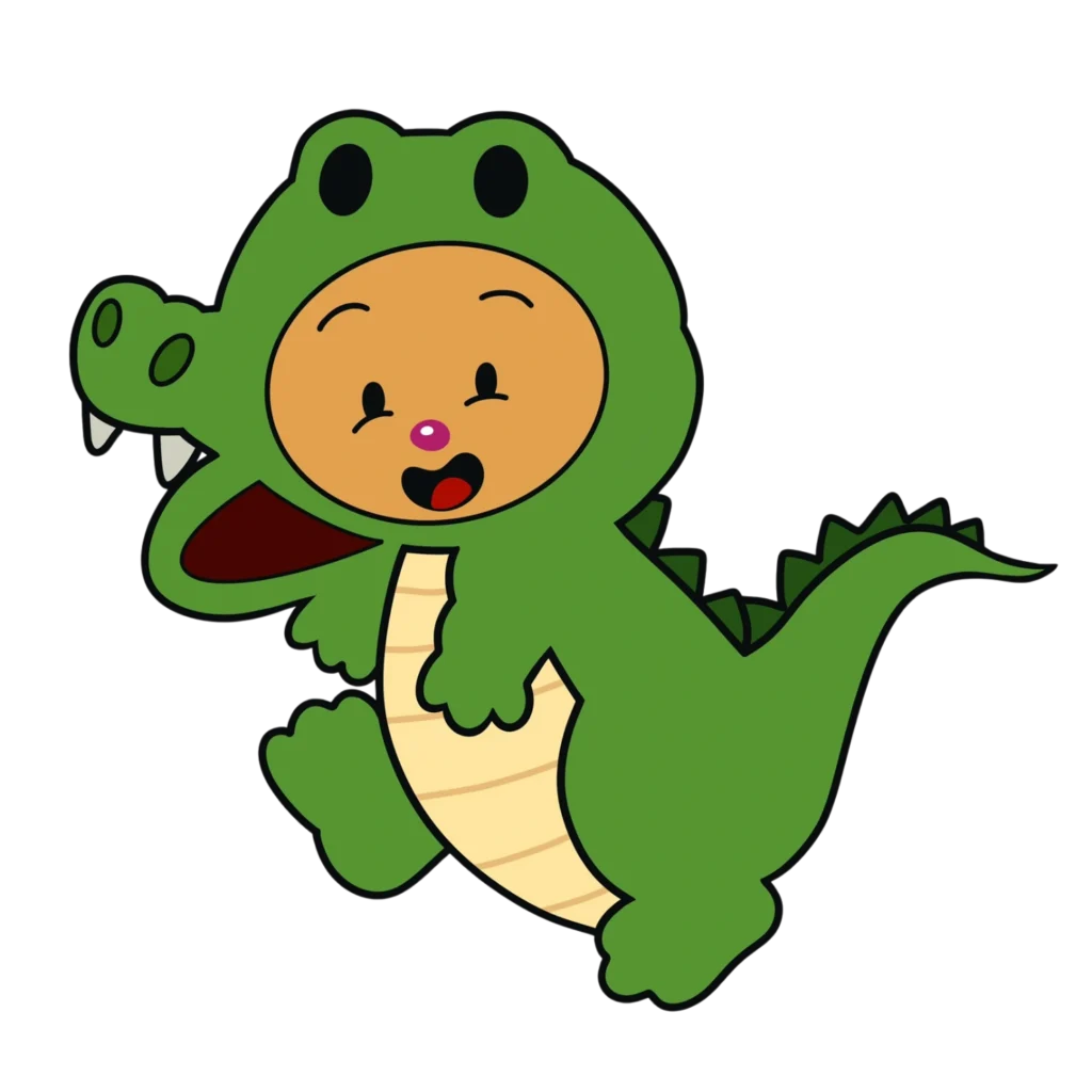 Creative Play Corner bear mascot dressed in a green crocodile costume