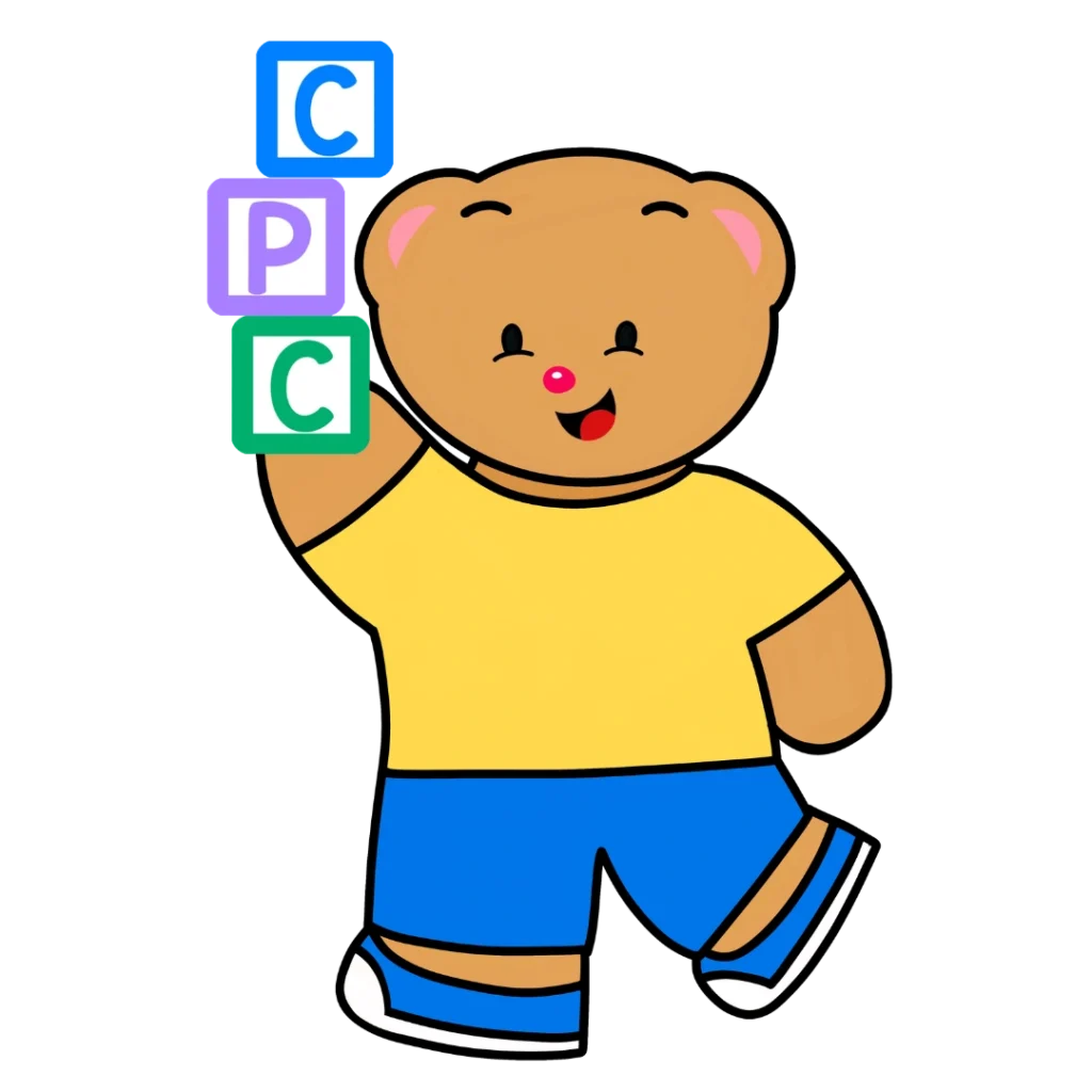 Creative Play Corner bear mascot in a yellow shirt holding the CPC blocks