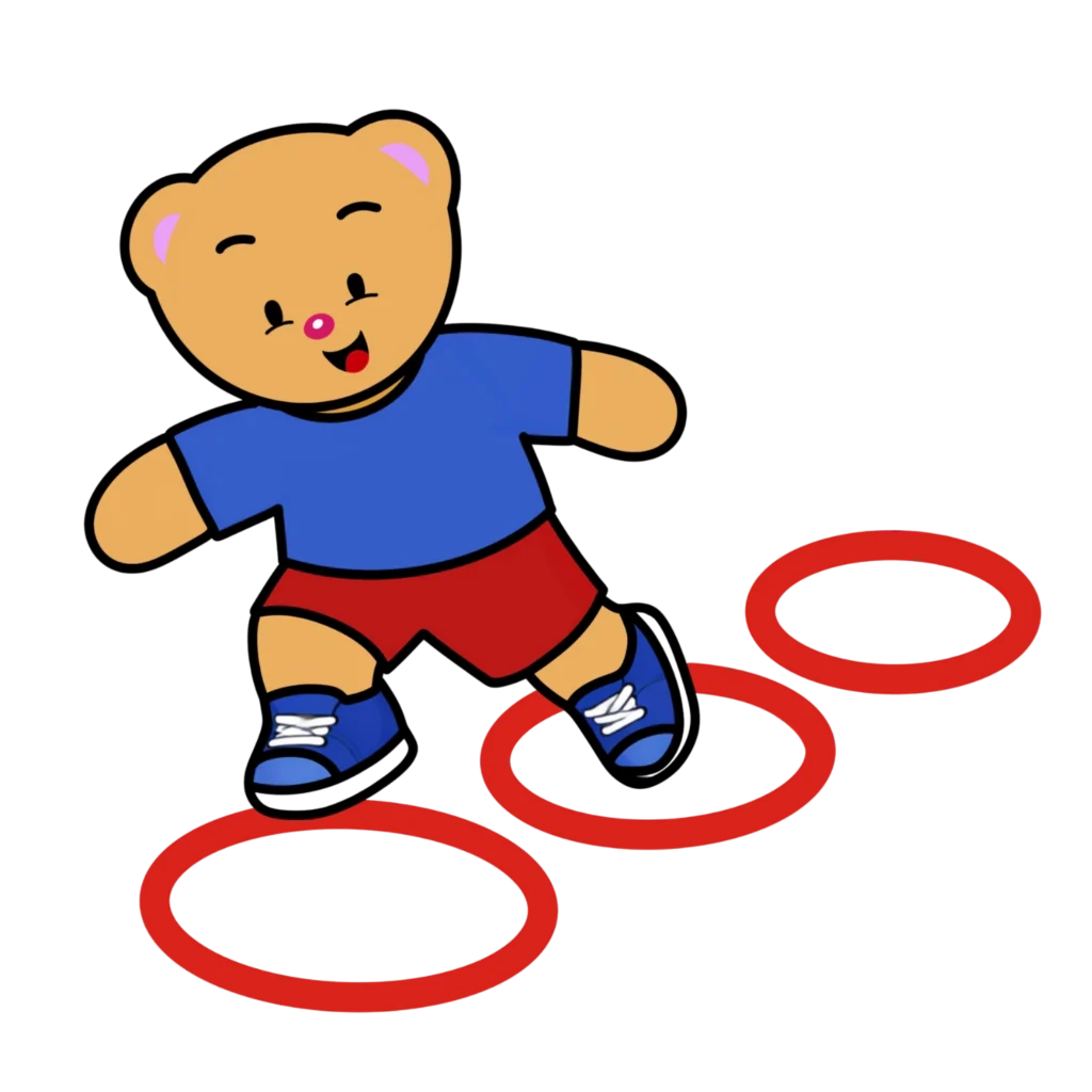 Creative Play Corner bear mascot playing with red hula hoops