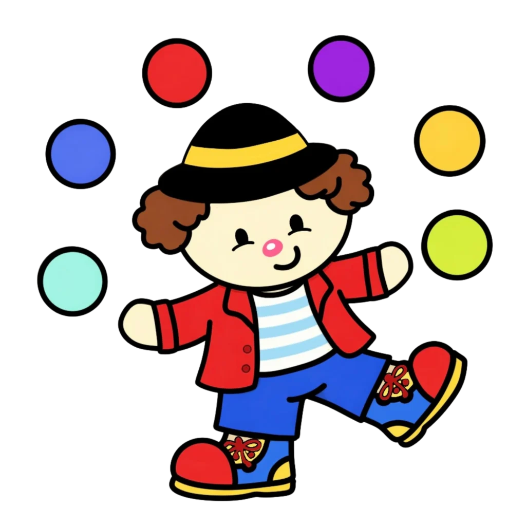 Creative Play Corner character mascot juggling colorful balls, representing fun and play