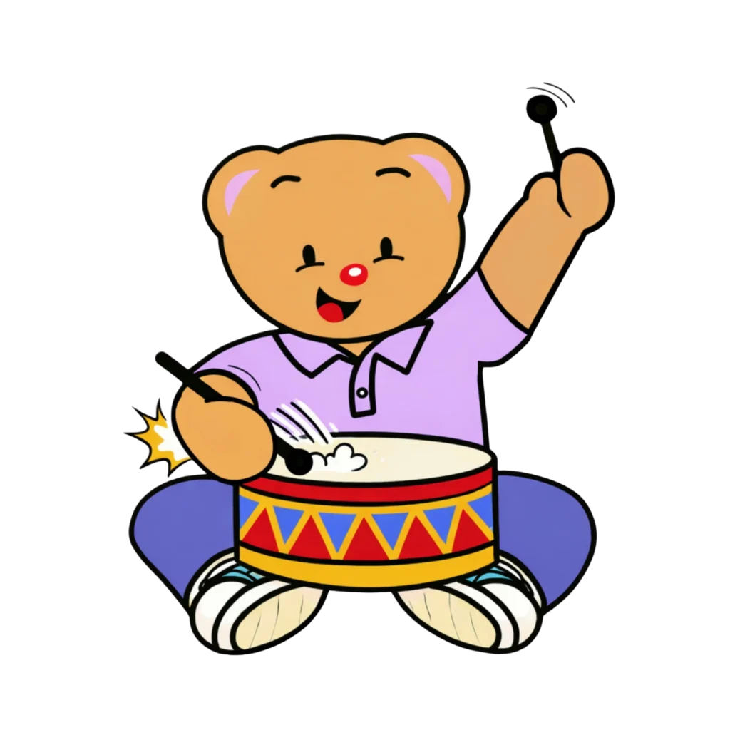 Creative Play Corner bear mascot playing a colorful drum set