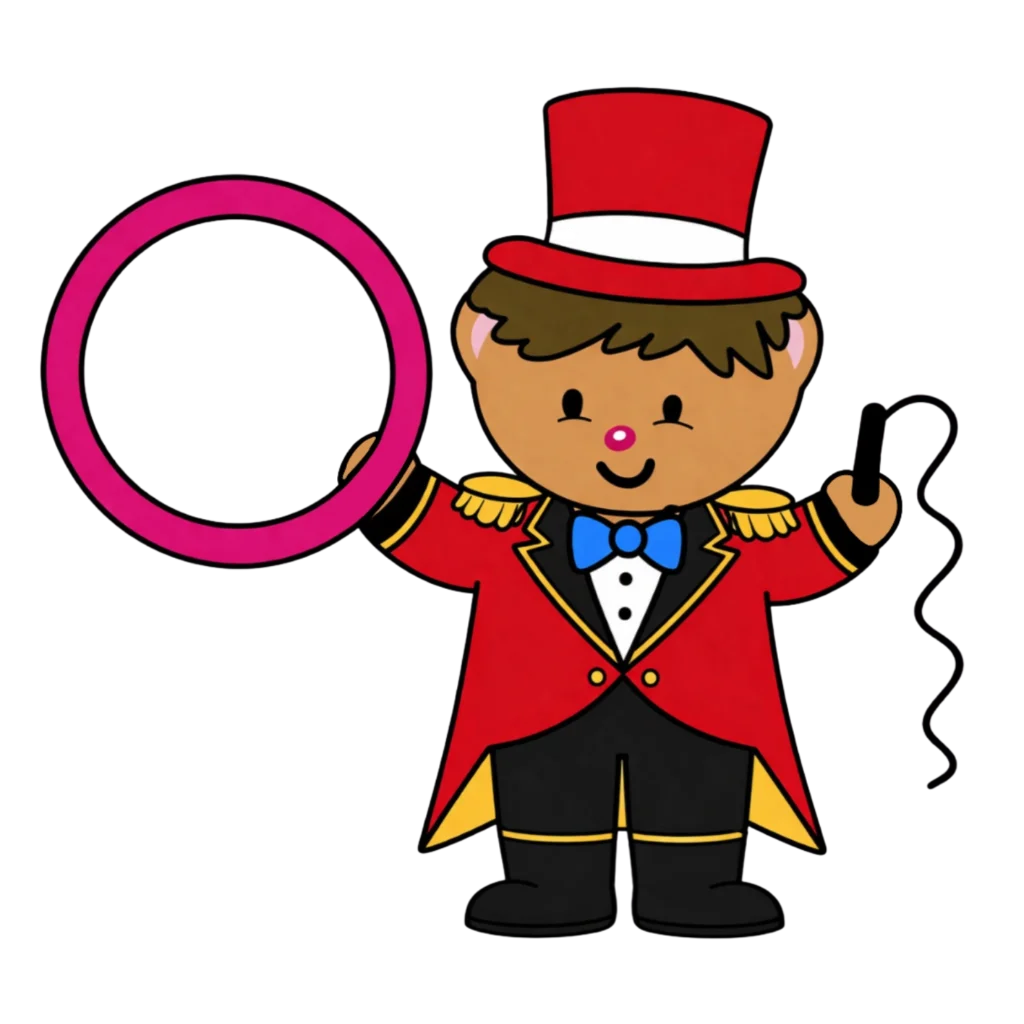 Creative Play Corner bear mascot dressed as a circus ringmaster with a red top hat