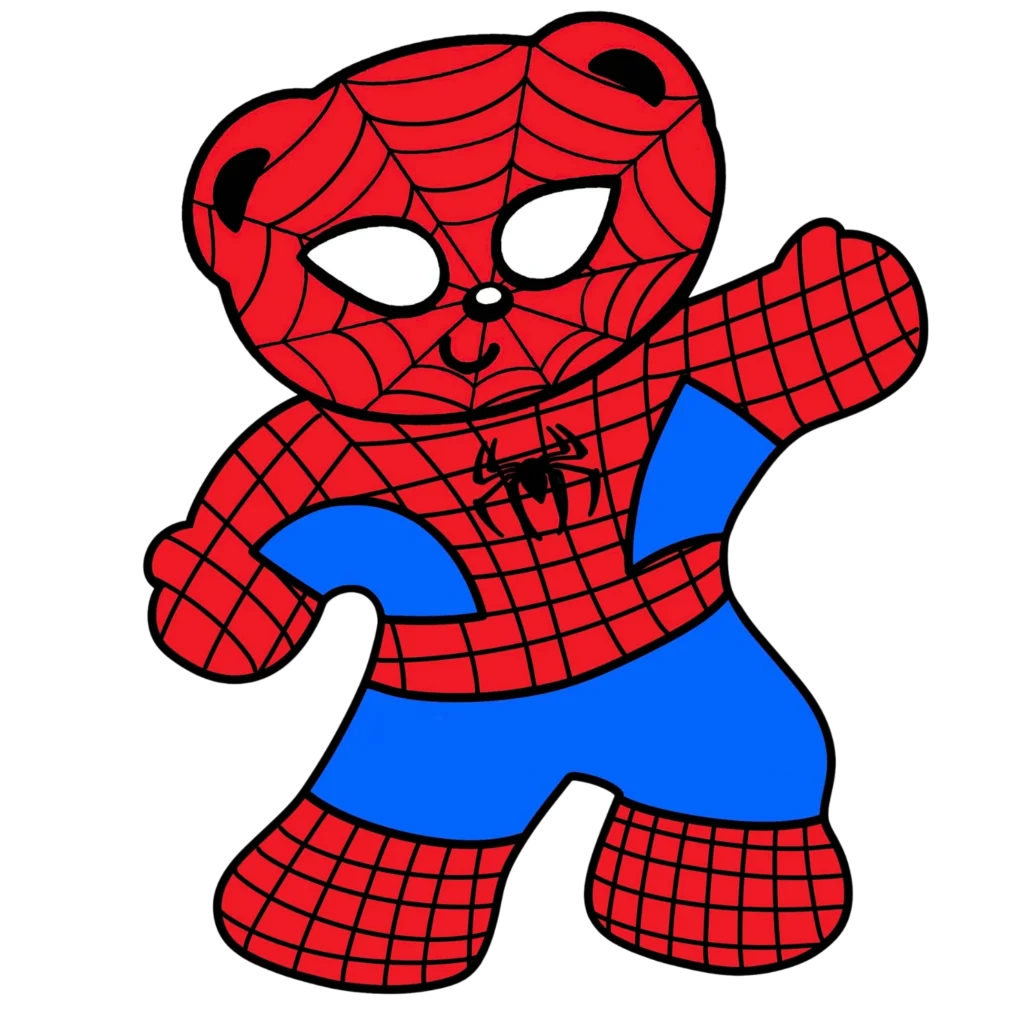 Creative Play Corner bear mascot dressed in a red and blue spider superhero costume