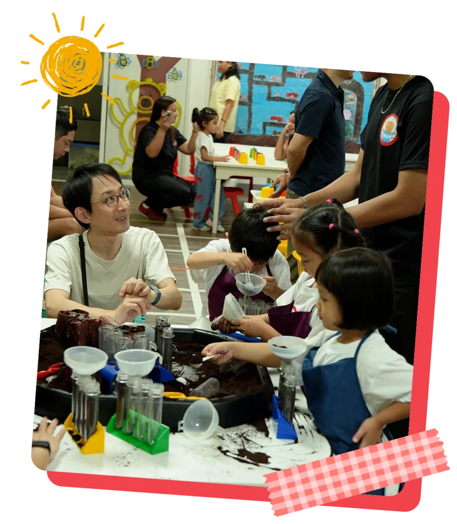 A CPC teacher guiding children through a hands-on science experiment using soil, funnels, and beakers at a classroom table